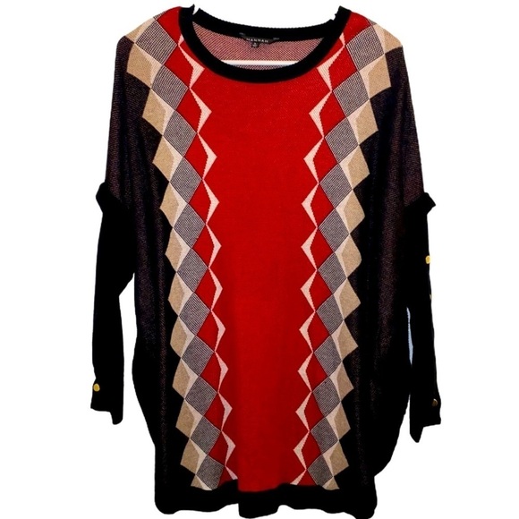 NWT HANNAH Black Red Oversized Argyle Poncho Sweater Size S - Picture 2 of 7
